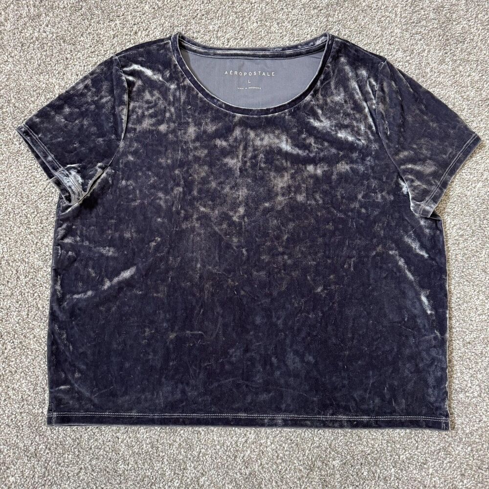 Aeropostale Shirt Womens Large Gray Crushed Velvet Short Sleeve Crew Neck Soft